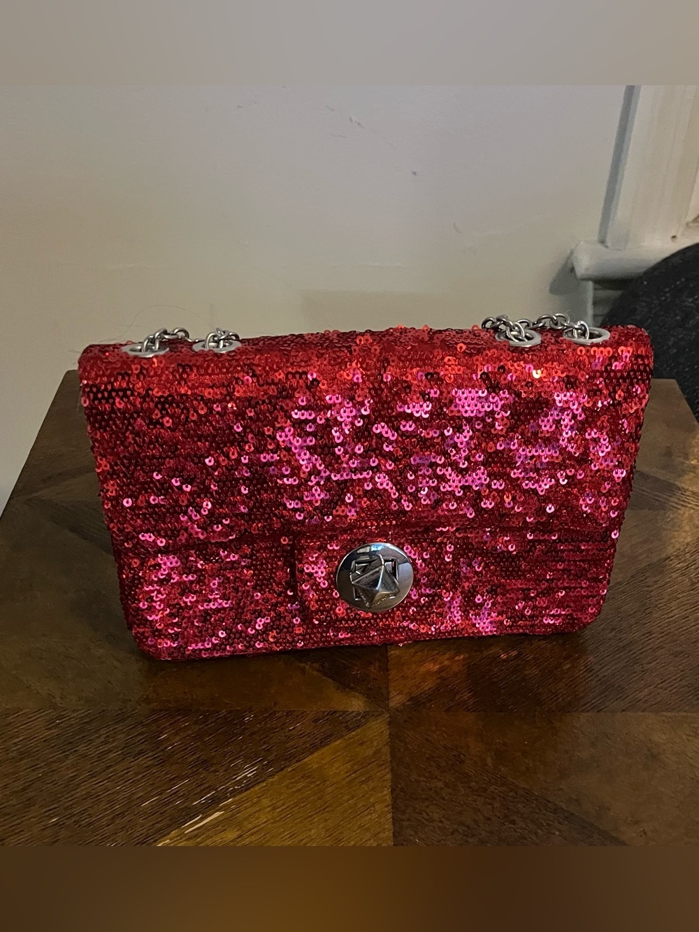 Red Sequin Bag with Silver Chain - Sparkling Evening Clutch